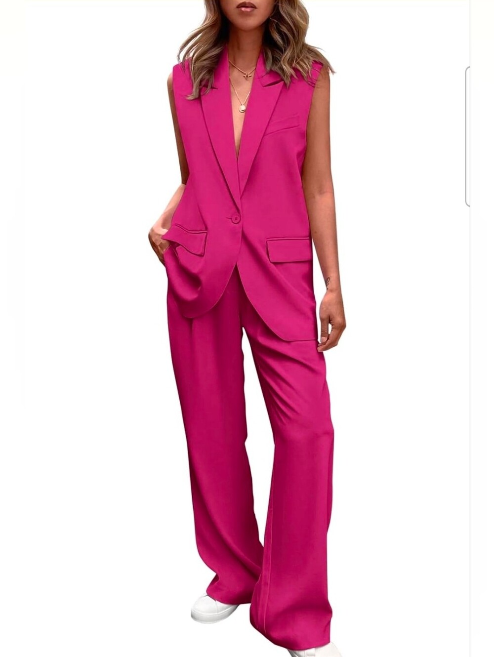 NWT PRETTYGARDEN Women's 2 Pcs Outfits Blazer Sleeveless Button Up Sets-MSRP$71